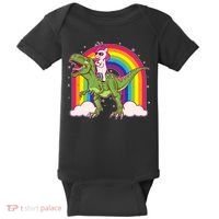 Funny Rainbow Unicorn Riding T-Rex Dinosaur Baby Bodysuit thumb 0
