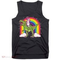 Funny Rainbow Unicorn Riding T-Rex Dinosaur Tank Top thumb 0