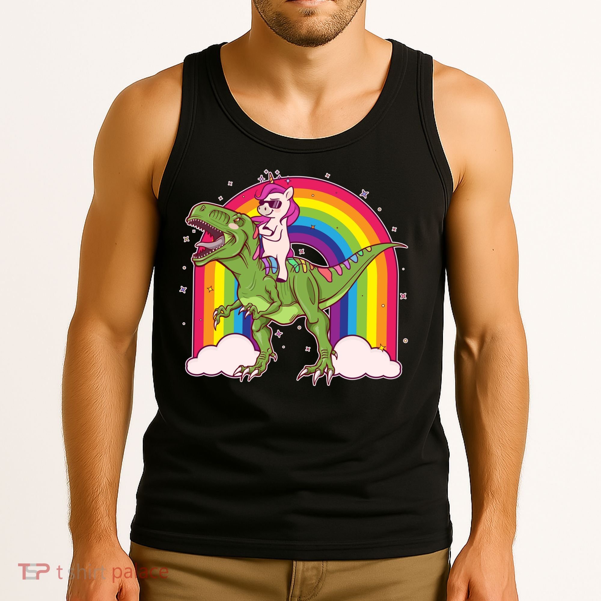 Funny Rainbow Unicorn Riding T-Rex Dinosaur Tank Top