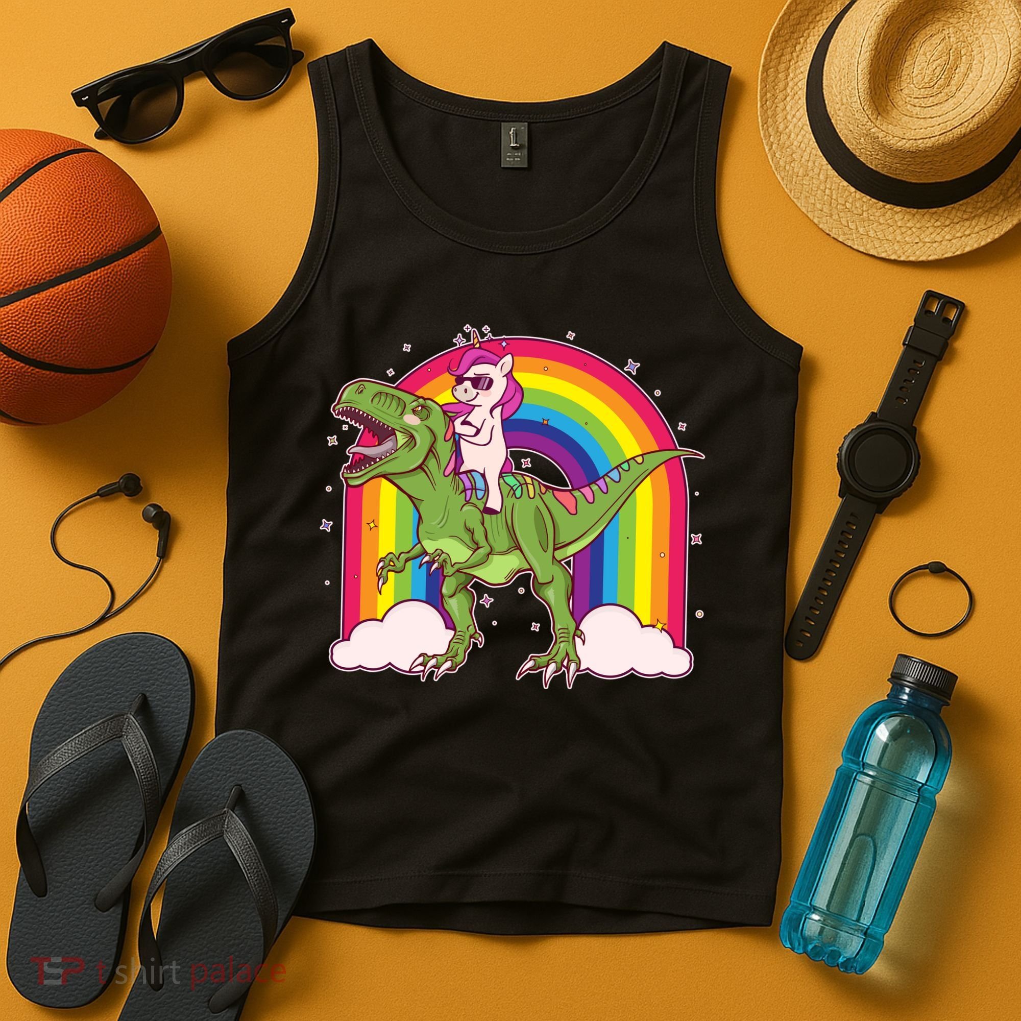 Funny Rainbow Unicorn Riding T-Rex Dinosaur Tank Top
