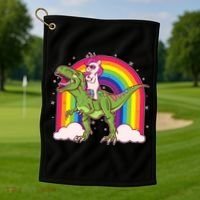 Funny Rainbow Unicorn Riding T-Rex Dinosaur Golf Towel thumb 1