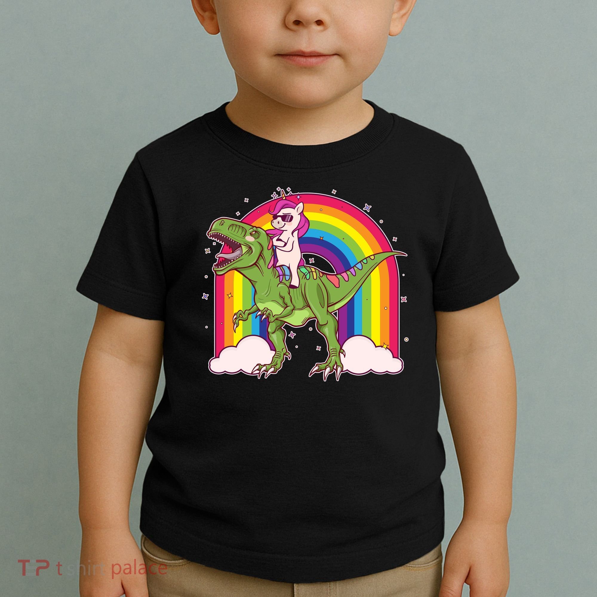 Funny Rainbow Unicorn Riding T-Rex Dinosaur Toddler T-Shirt