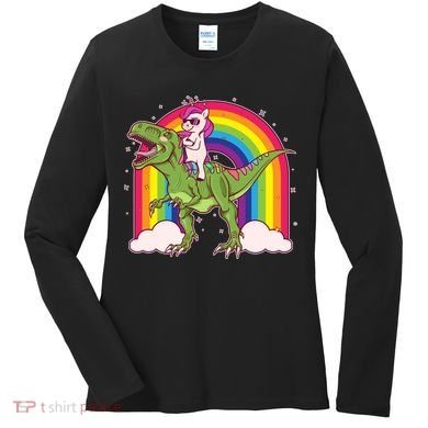 Funny Rainbow Unicorn Riding T-Rex Dinosaur Women's Long Sleeve Shirt