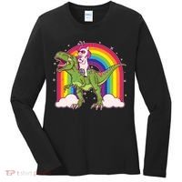 Funny Rainbow Unicorn Riding T-Rex Dinosaur Women's Long Sleeve Shirt thumb 0