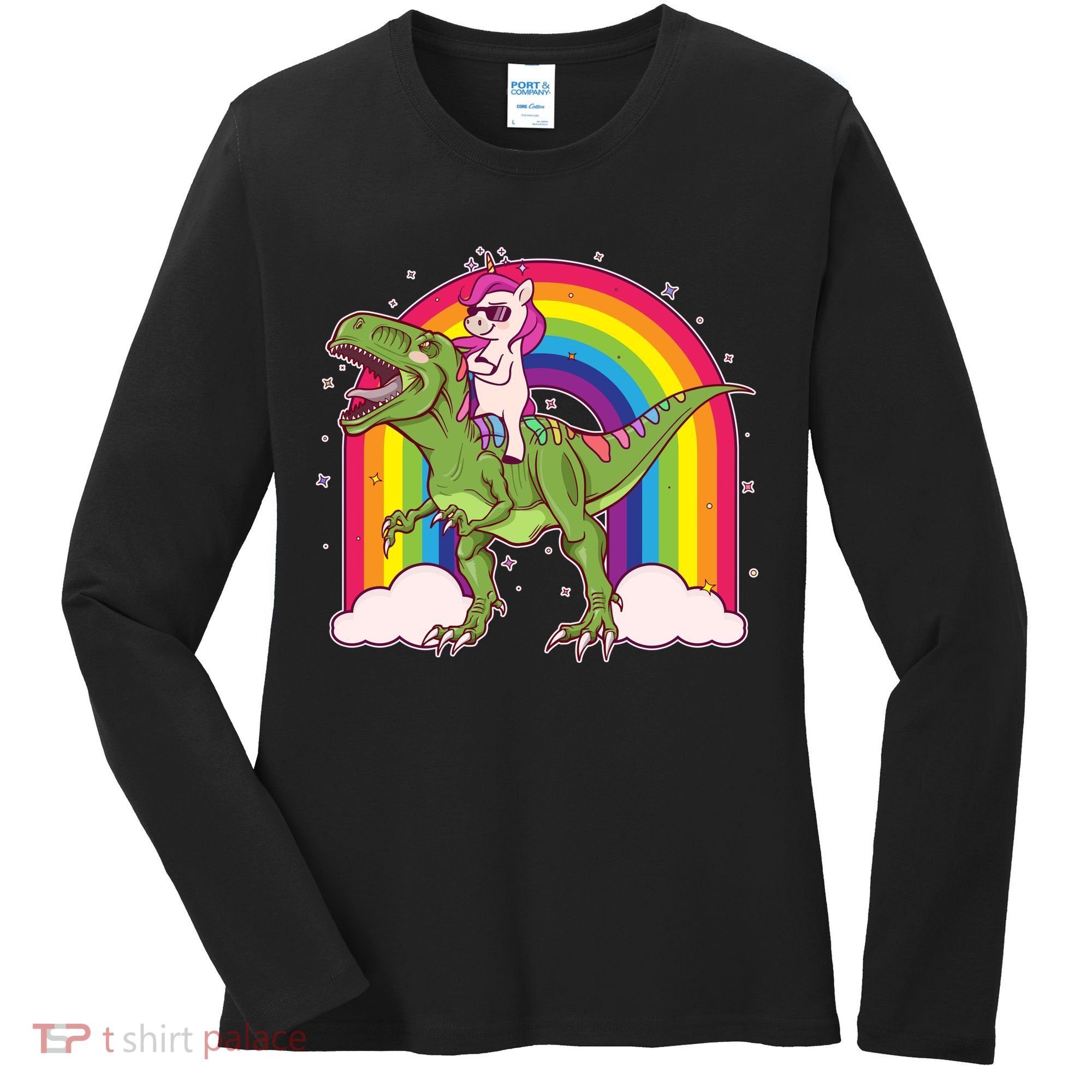 Funny Rainbow Unicorn Riding T-Rex Dinosaur Women's Long Sleeve Shirt