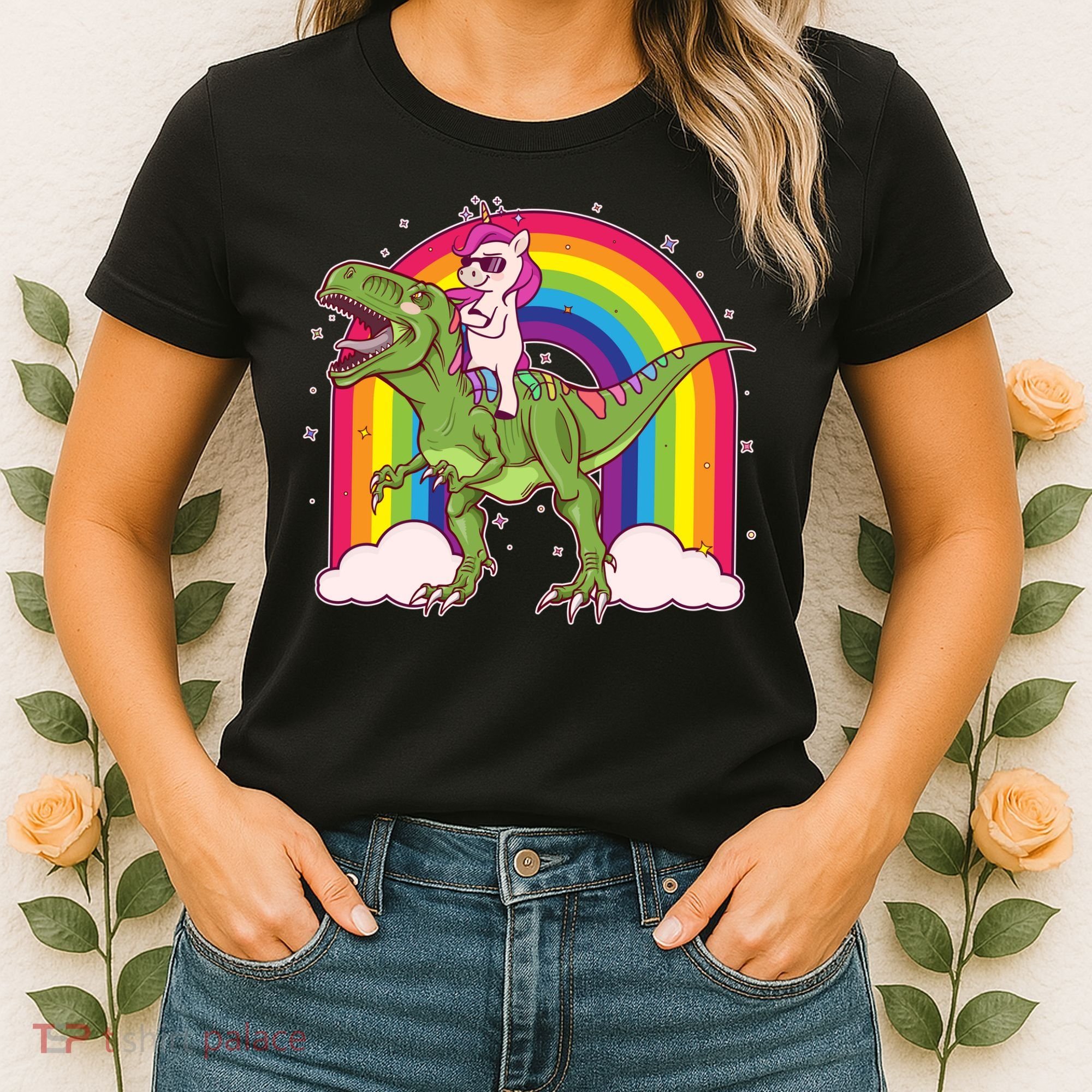 Funny Rainbow Unicorn Riding T-Rex Dinosaur Women's T-Shirt