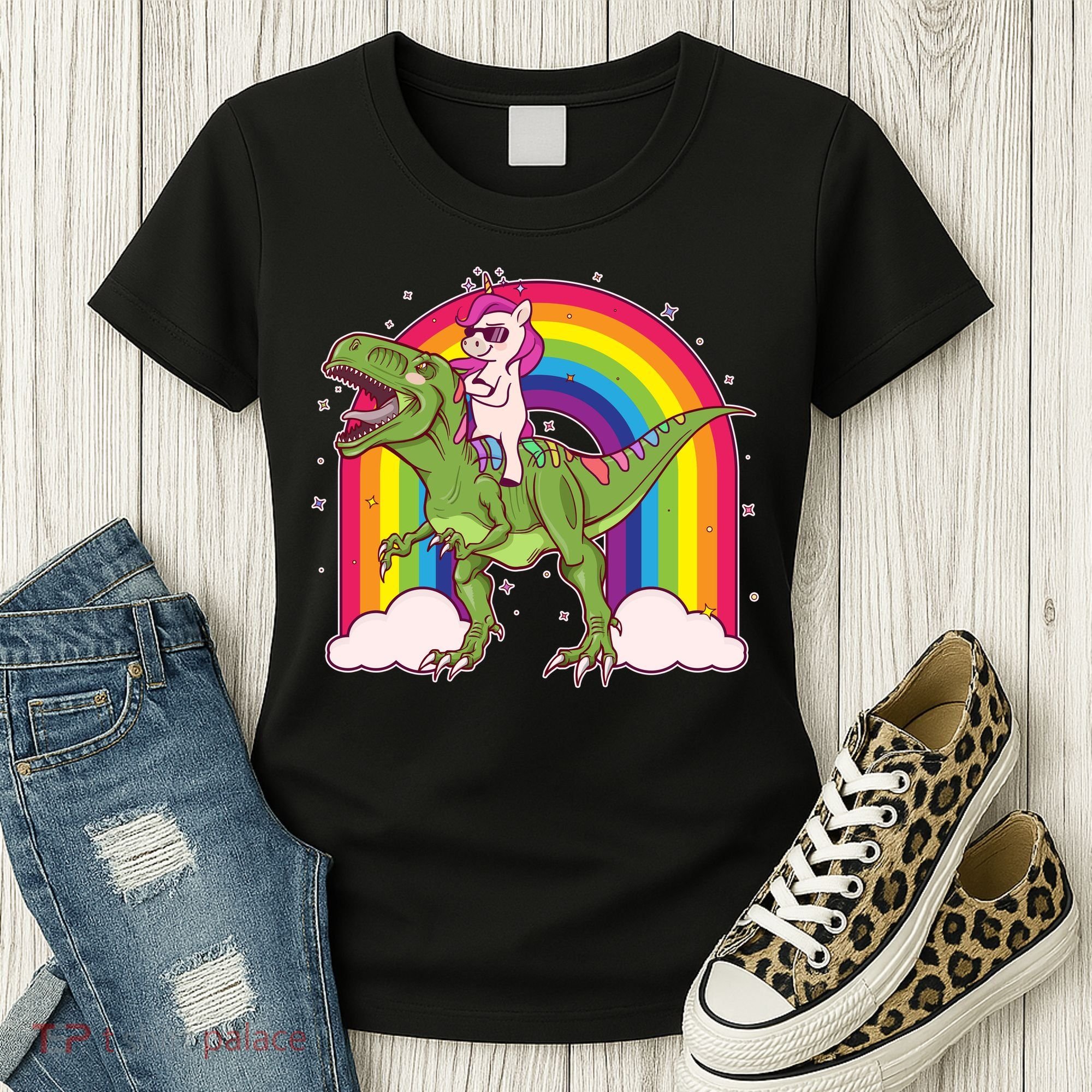 Funny Rainbow Unicorn Riding T-Rex Dinosaur Women's T-Shirt