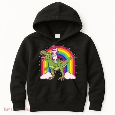 Funny Rainbow Unicorn Riding T-Rex Dinosaur Kids Hoodie