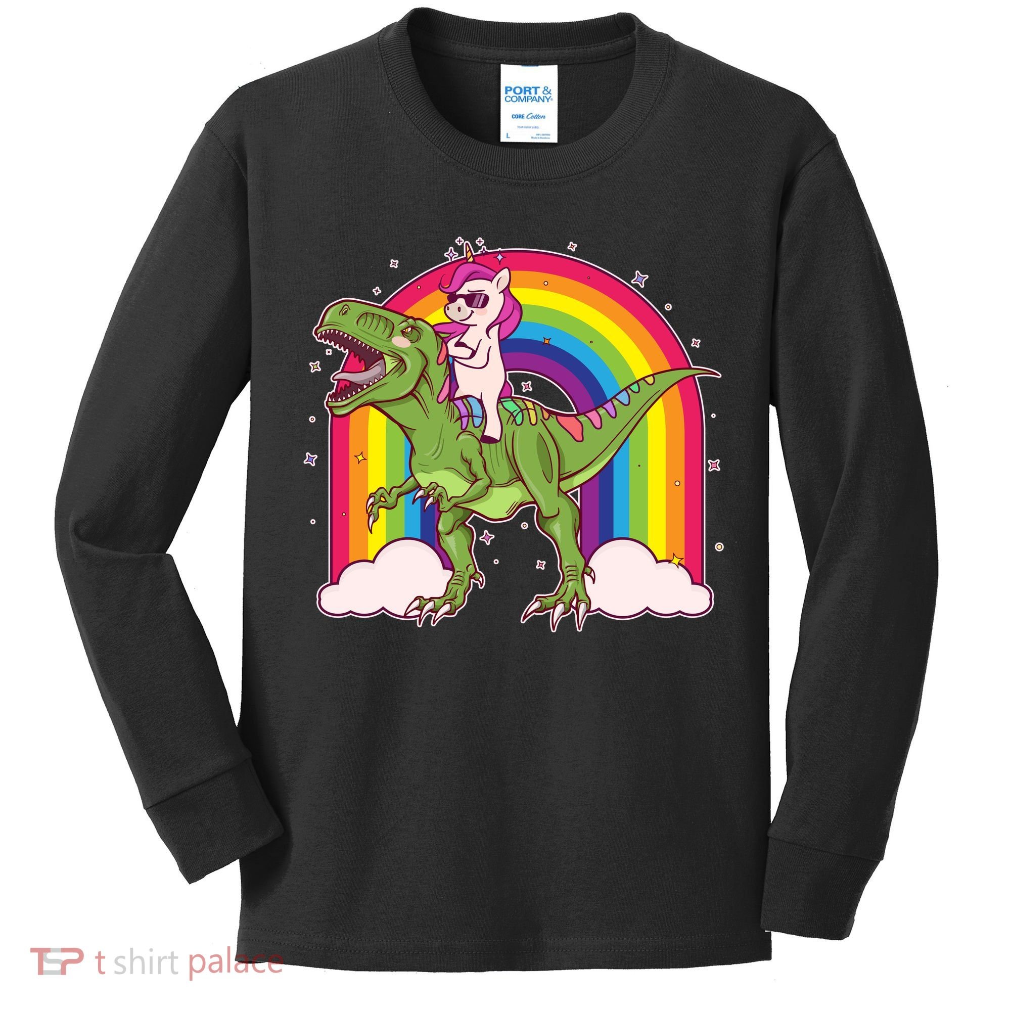 Funny Rainbow Unicorn Riding T-Rex Dinosaur Kids Long Sleeve Shirt