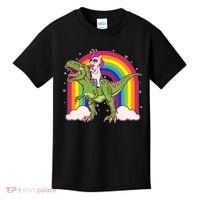 Funny Rainbow Unicorn Riding T-Rex Dinosaur Kids T-Shirt thumb 0
