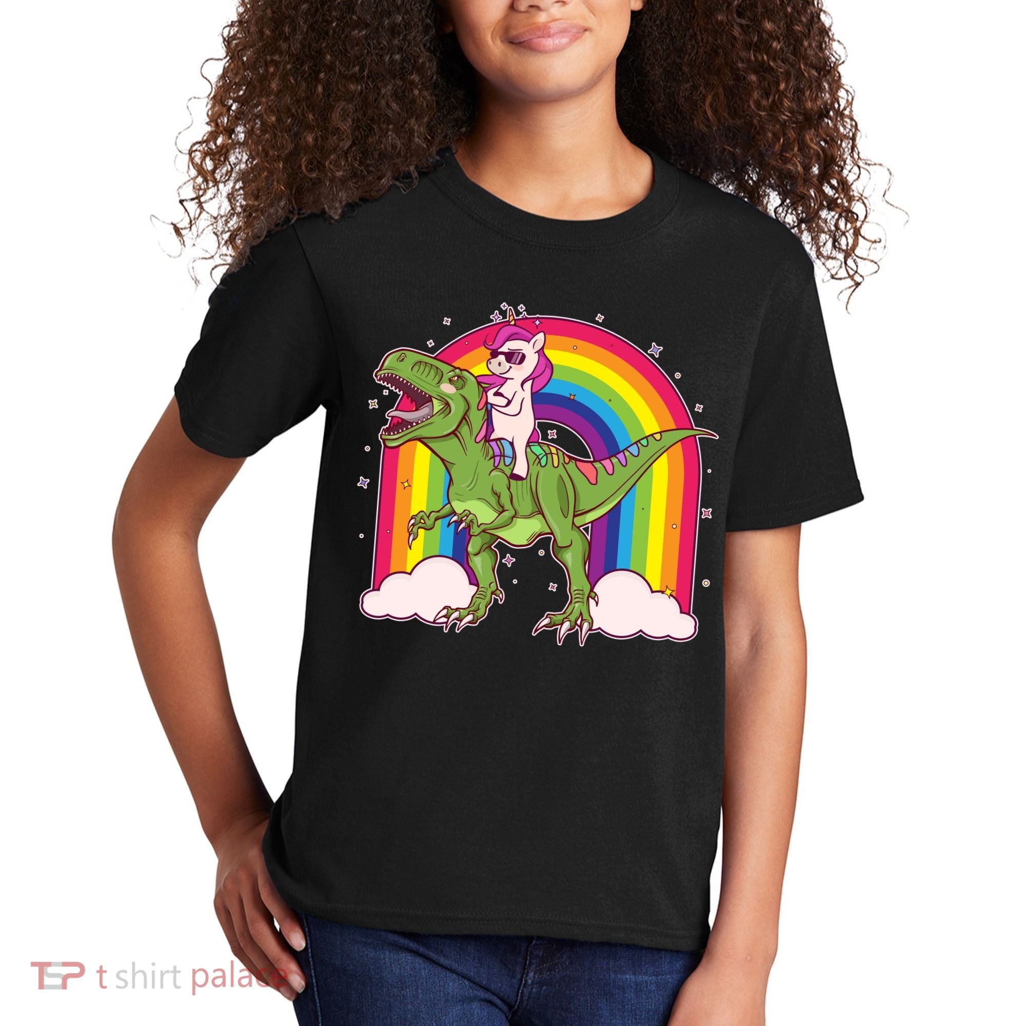Funny Rainbow Unicorn Riding T-Rex Dinosaur Kids T-Shirt