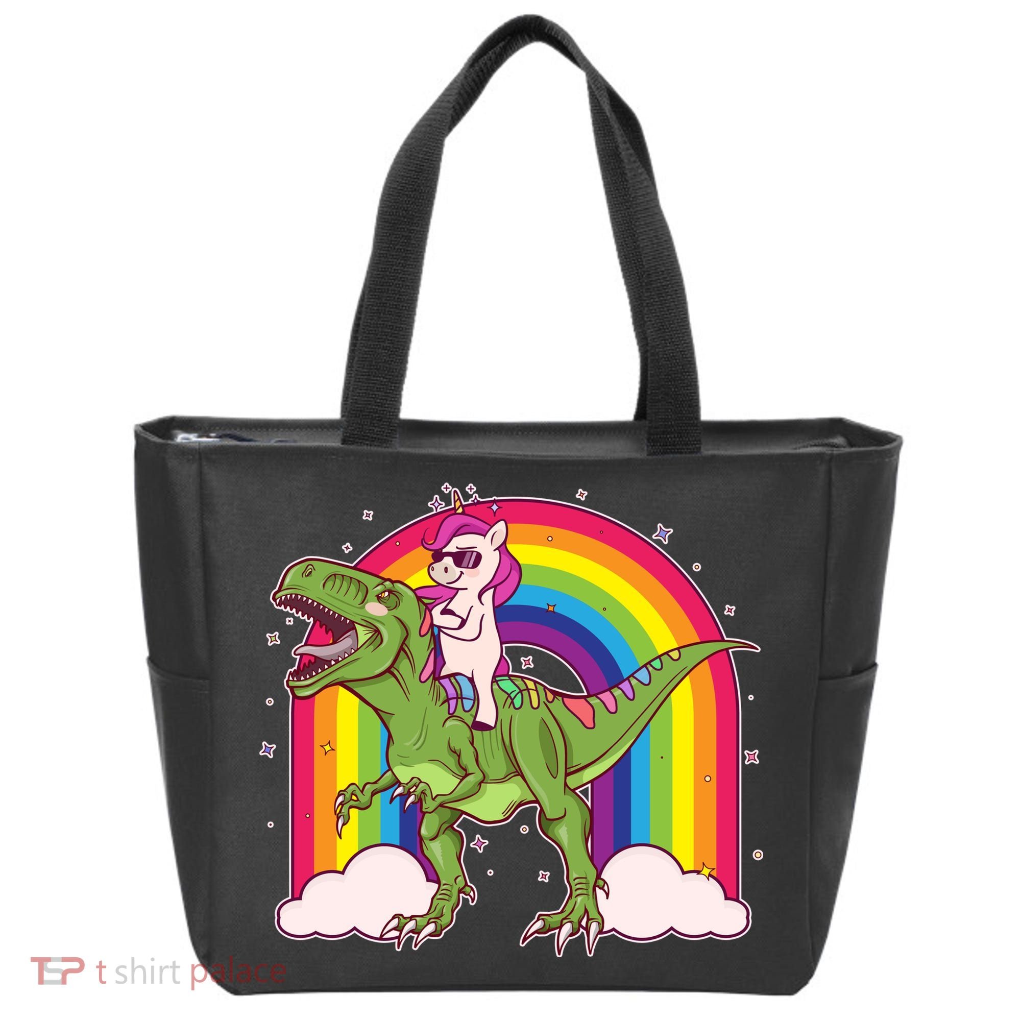 Funny Rainbow Unicorn Riding T-Rex Dinosaur Tote Bag