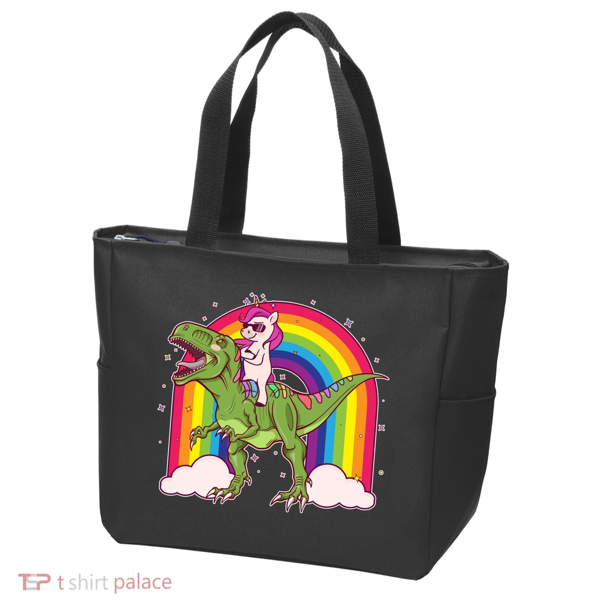 Funny Rainbow Unicorn Riding T-Rex Dinosaur Tote Bag