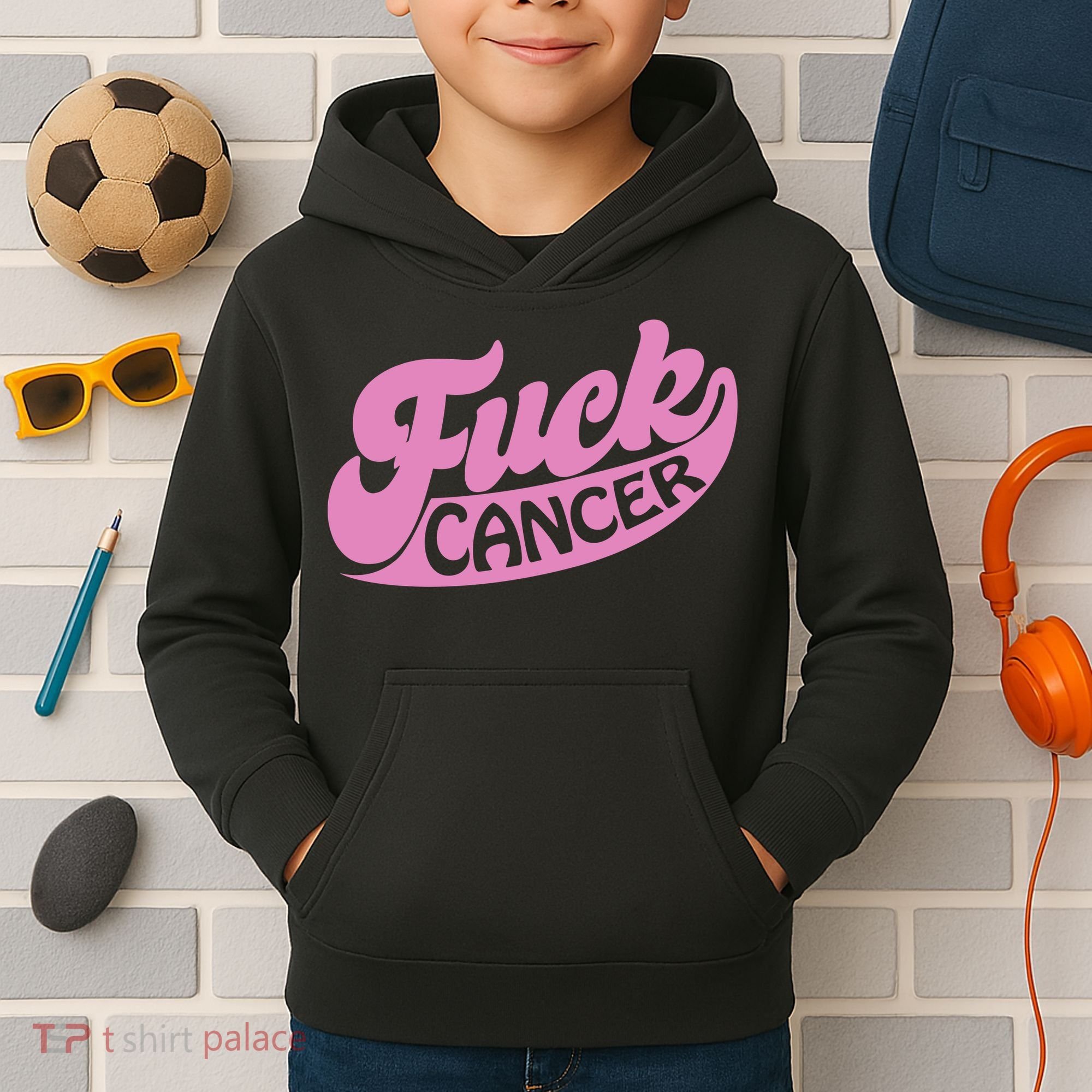 Funny Retro Fck Cancer Logo Breast Cancer Support Kids Hoodie