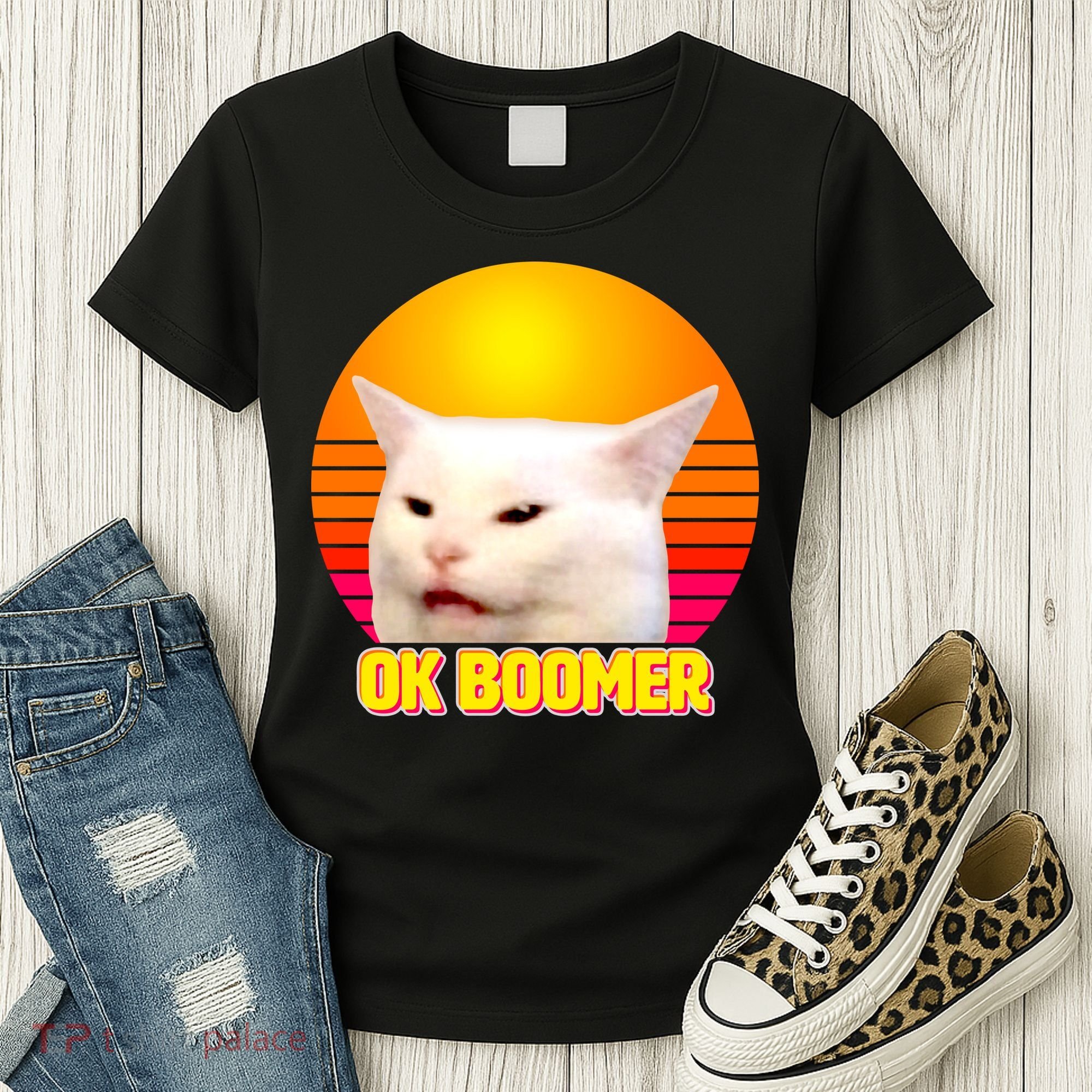 Funny Retro Table Cat OK Boomer Meme Women's T-Shirt