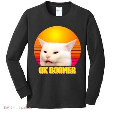 Funny Retro Table Cat OK Boomer Meme Kids Long Sleeve Shirt