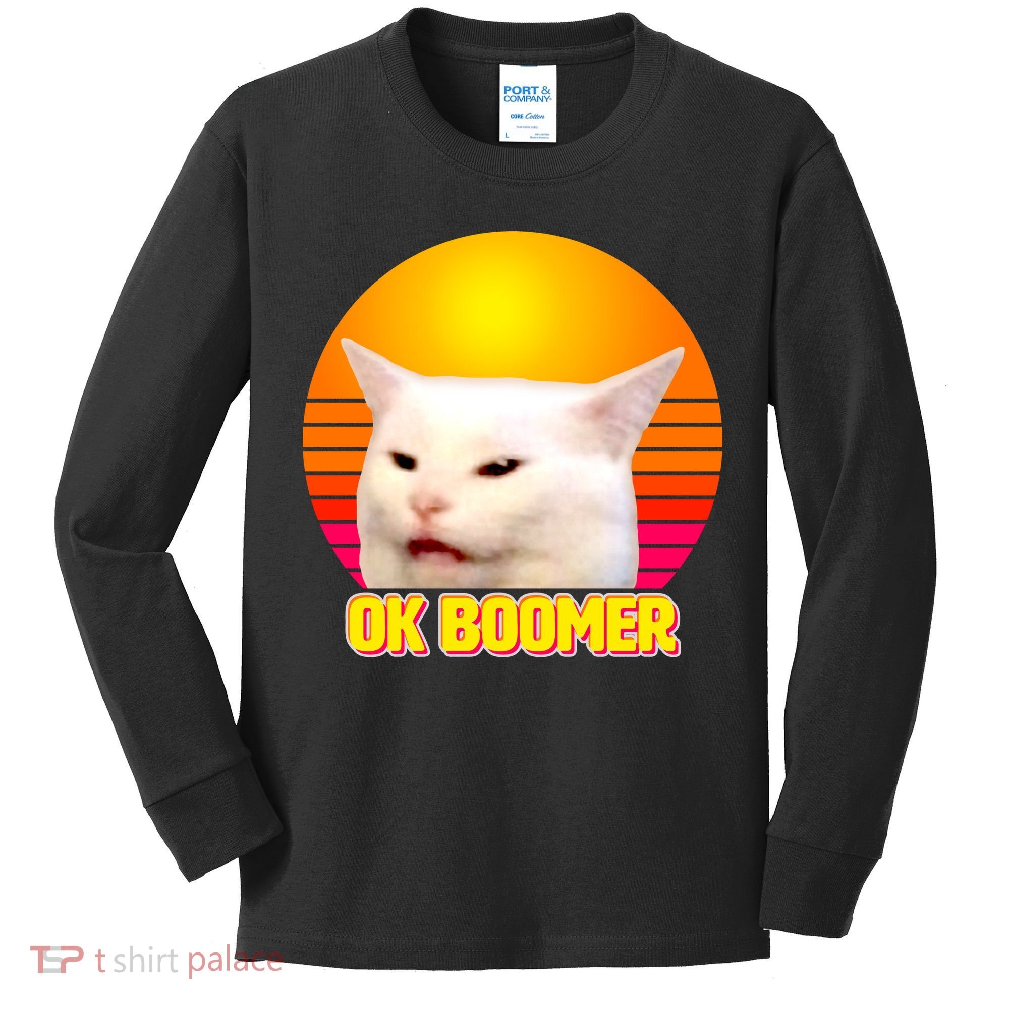 Funny Retro Table Cat OK Boomer Meme Kids Long Sleeve Shirt