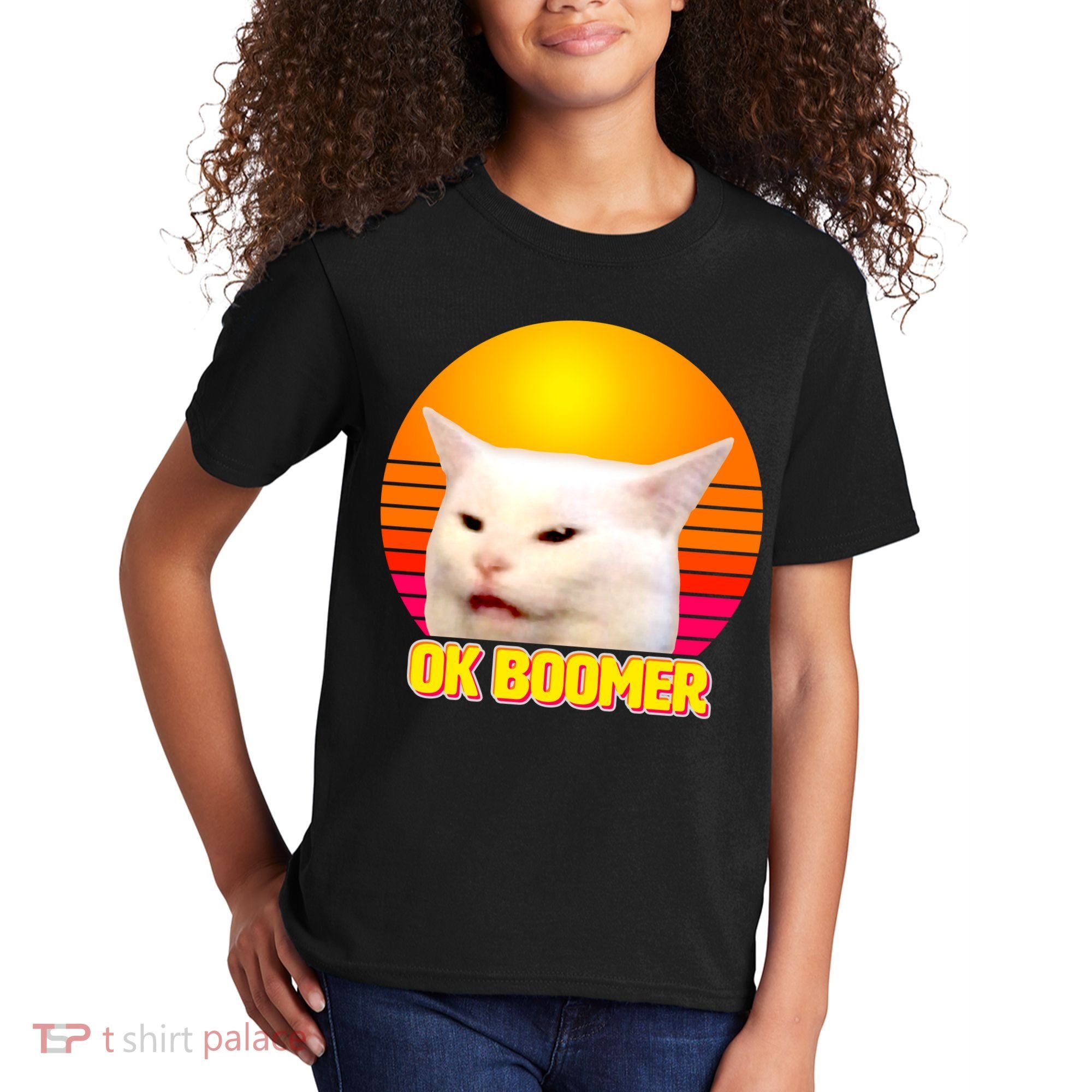 Funny Retro Table Cat OK Boomer Meme Kids T-Shirt