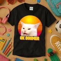 Funny Retro Table Cat OK Boomer Meme Kids T-Shirt thumb 3