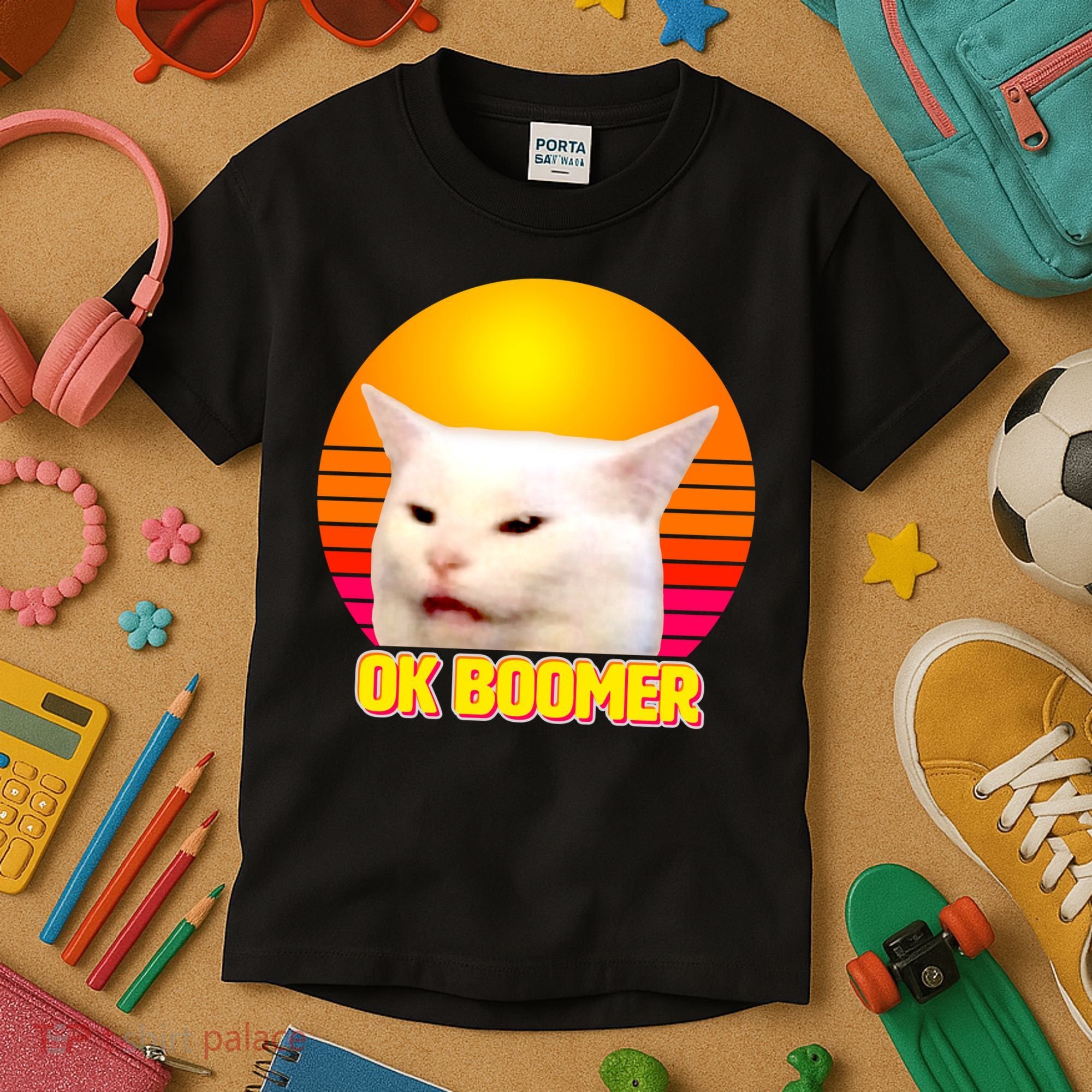 Funny Retro Table Cat OK Boomer Meme Kids T-Shirt