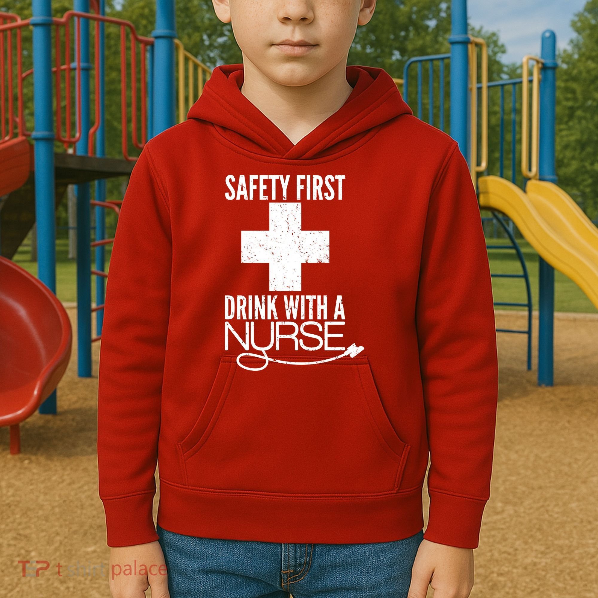 Funny Safety First Drink With A Nurse Kids Hoodie