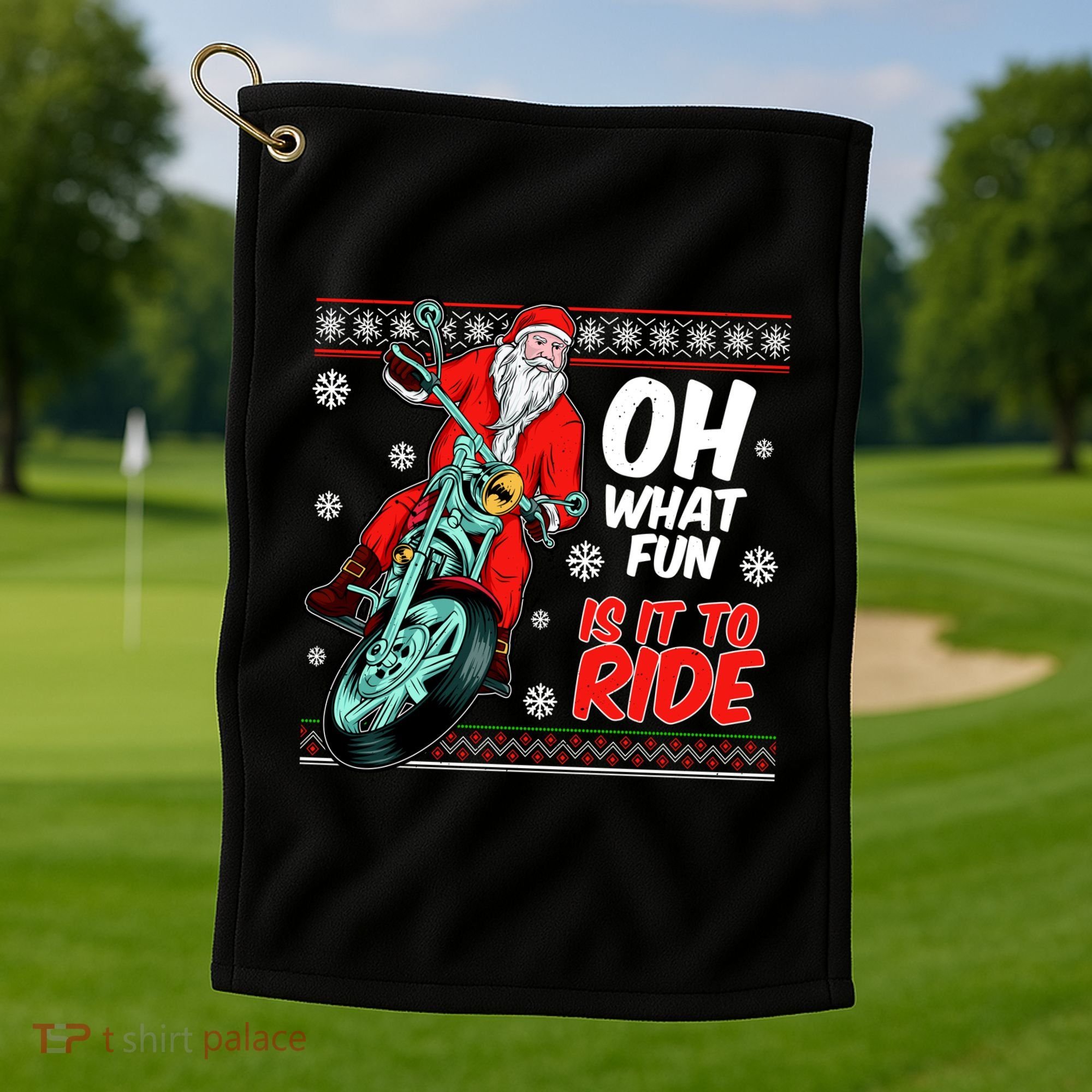 Funny Santa Oh What Fun It Is To Ride Motorcycle Golf Towel