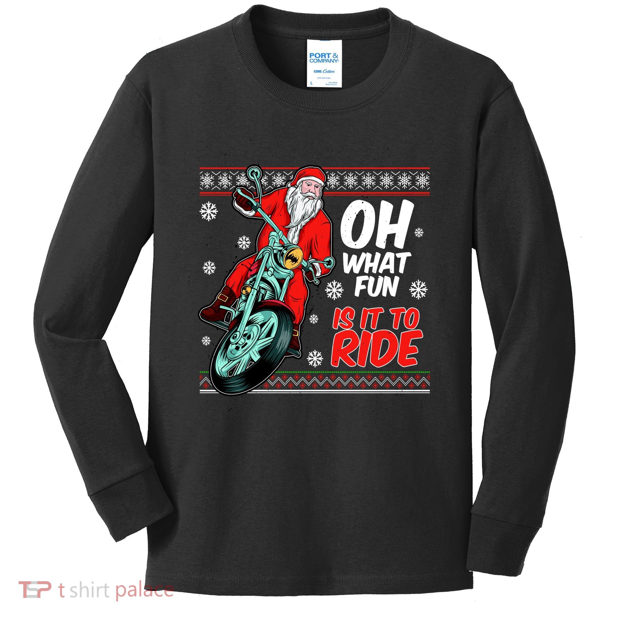 Funny Santa Oh What Fun It Is To Ride Motorcycle Kids Long Sleeve Shirt