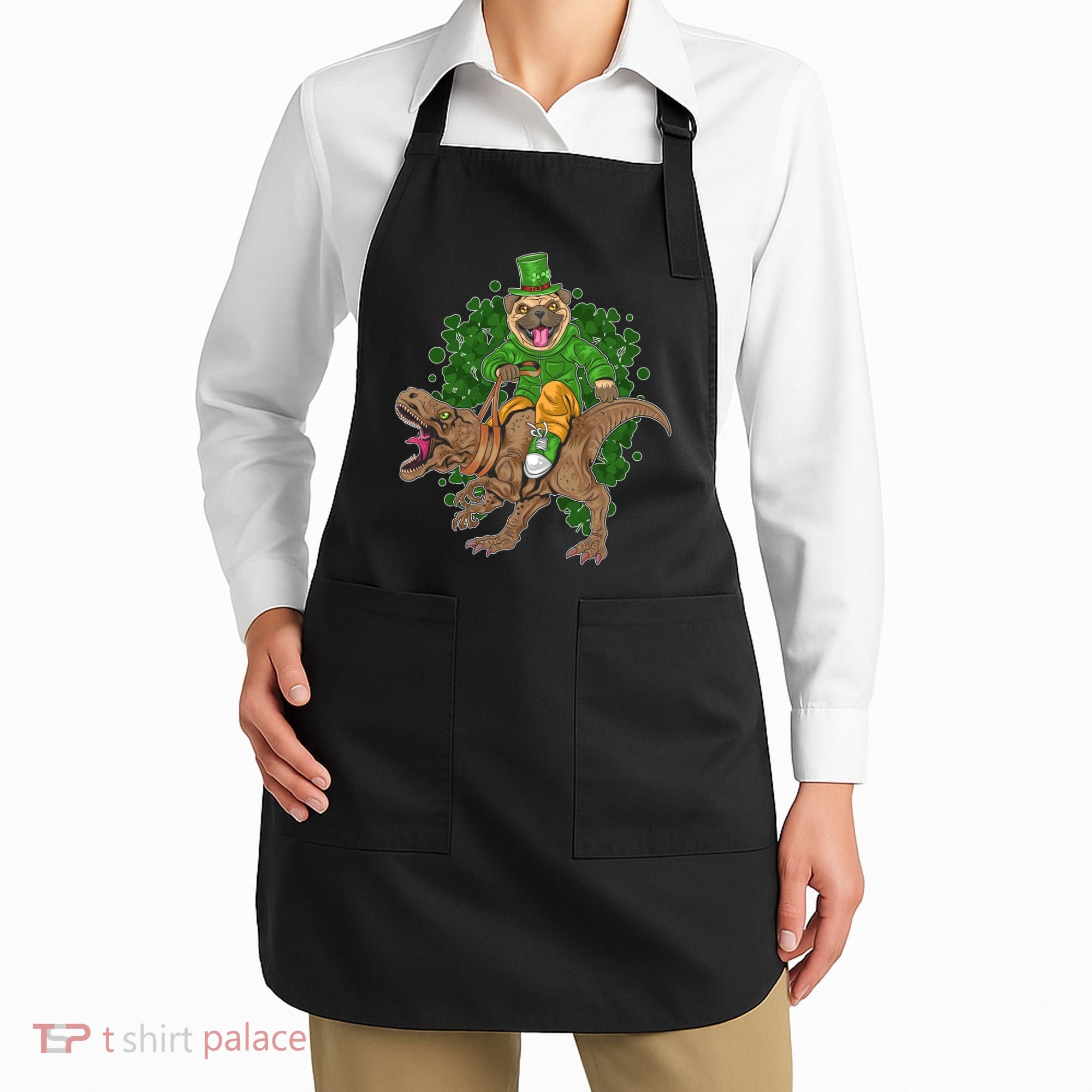 Funny St Patrick Pug On T-Rex Apron