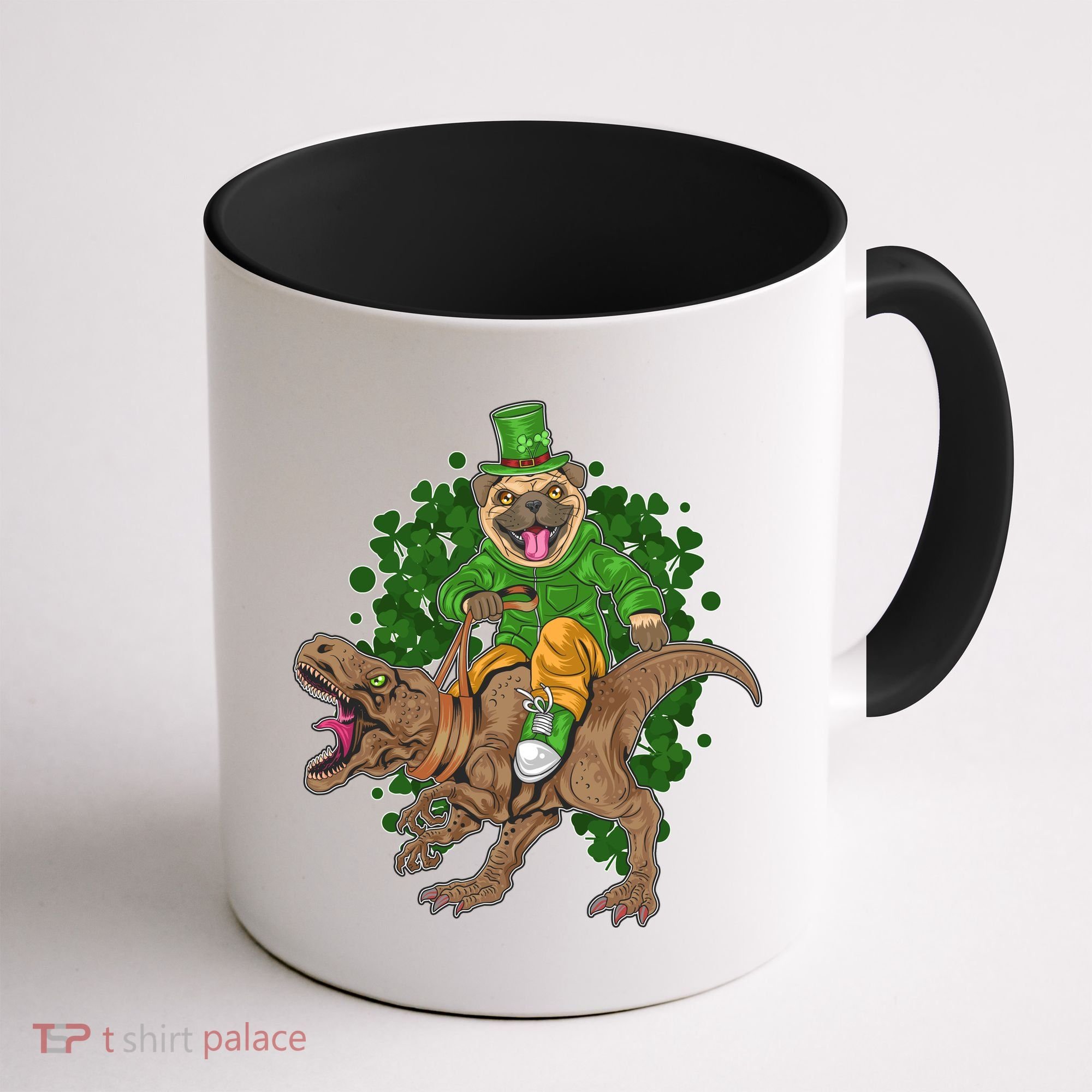 Funny St Patrick Pug On T-Rex Coffee Mug