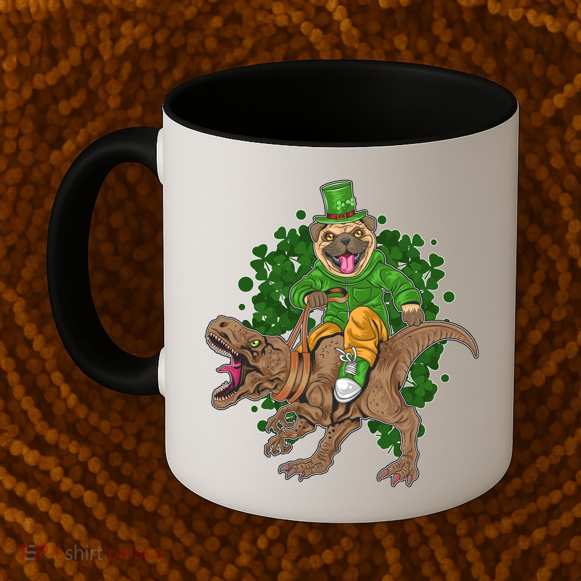 Funny St Patrick Pug On T-Rex Coffee Mug