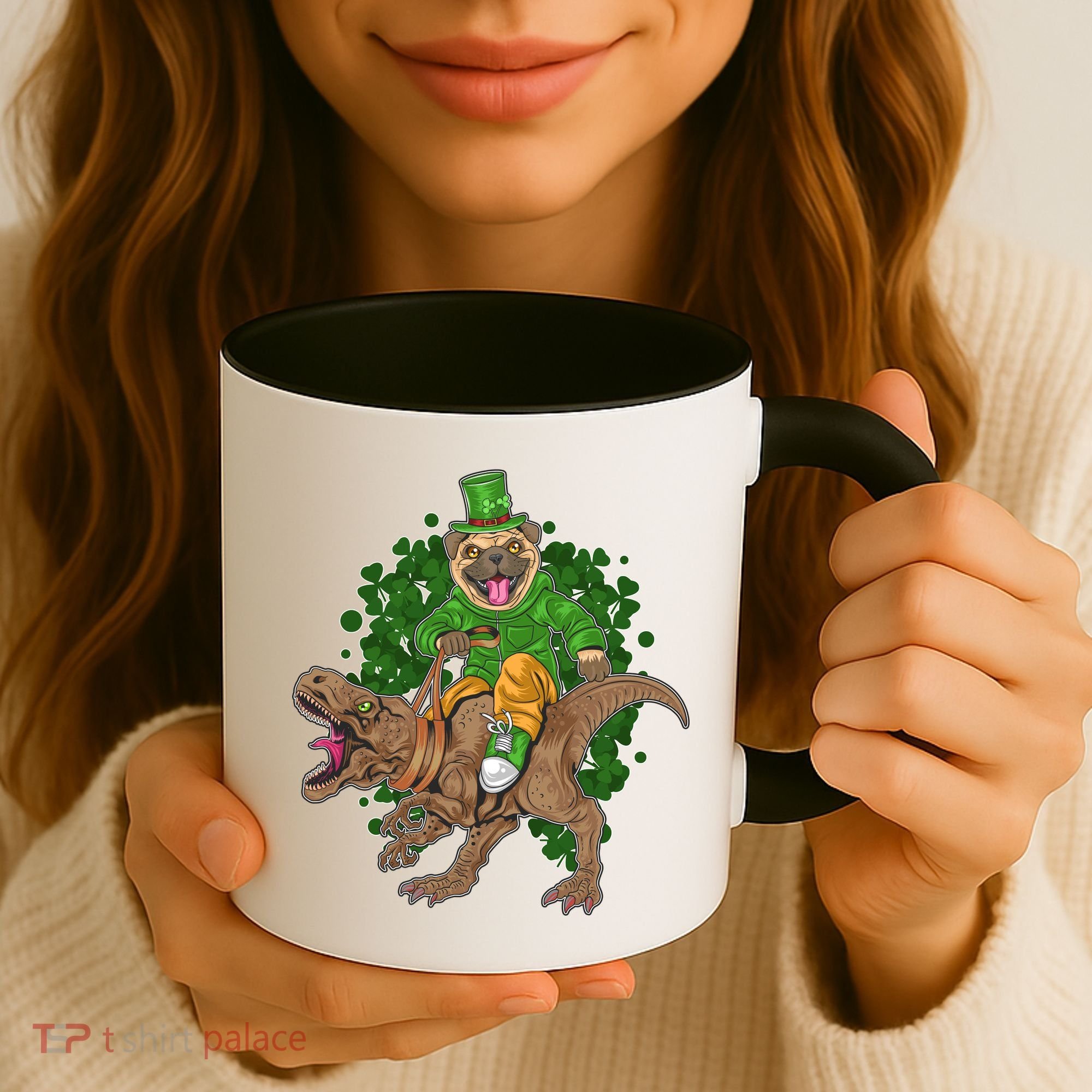 Funny St Patrick Pug On T-Rex Coffee Mug