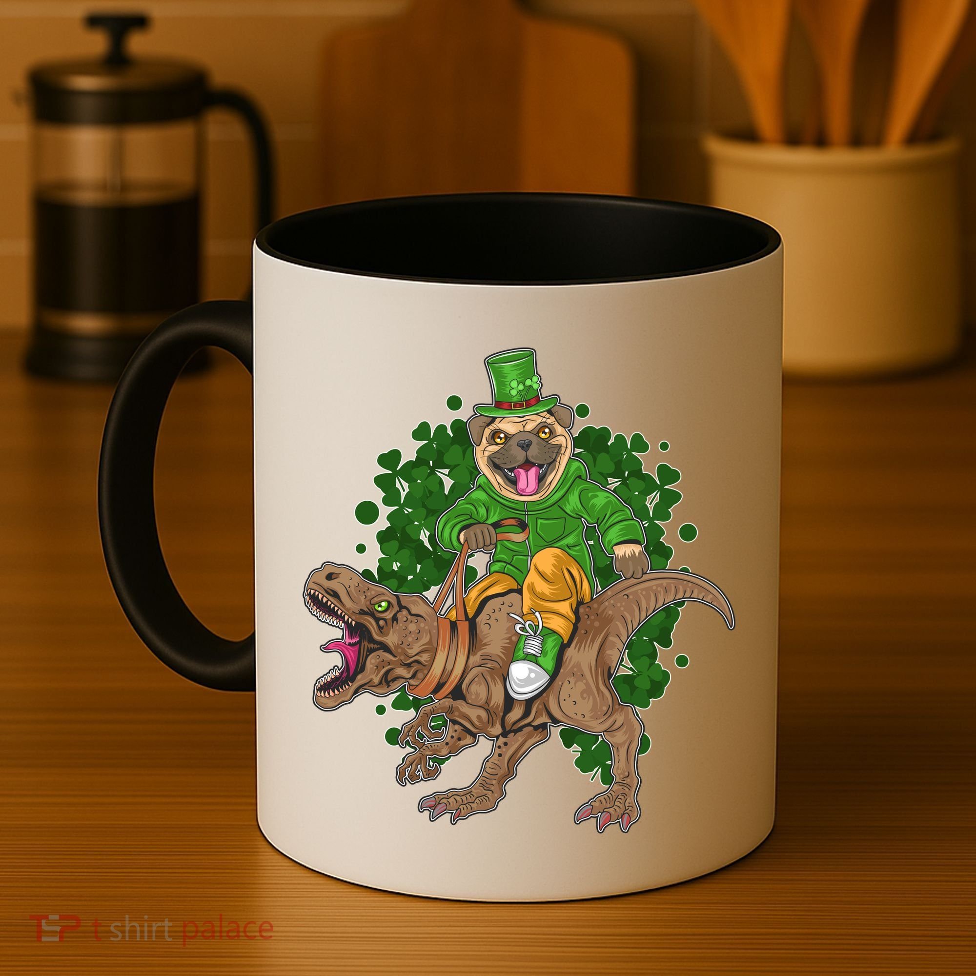 Funny St Patrick Pug On T-Rex Coffee Mug