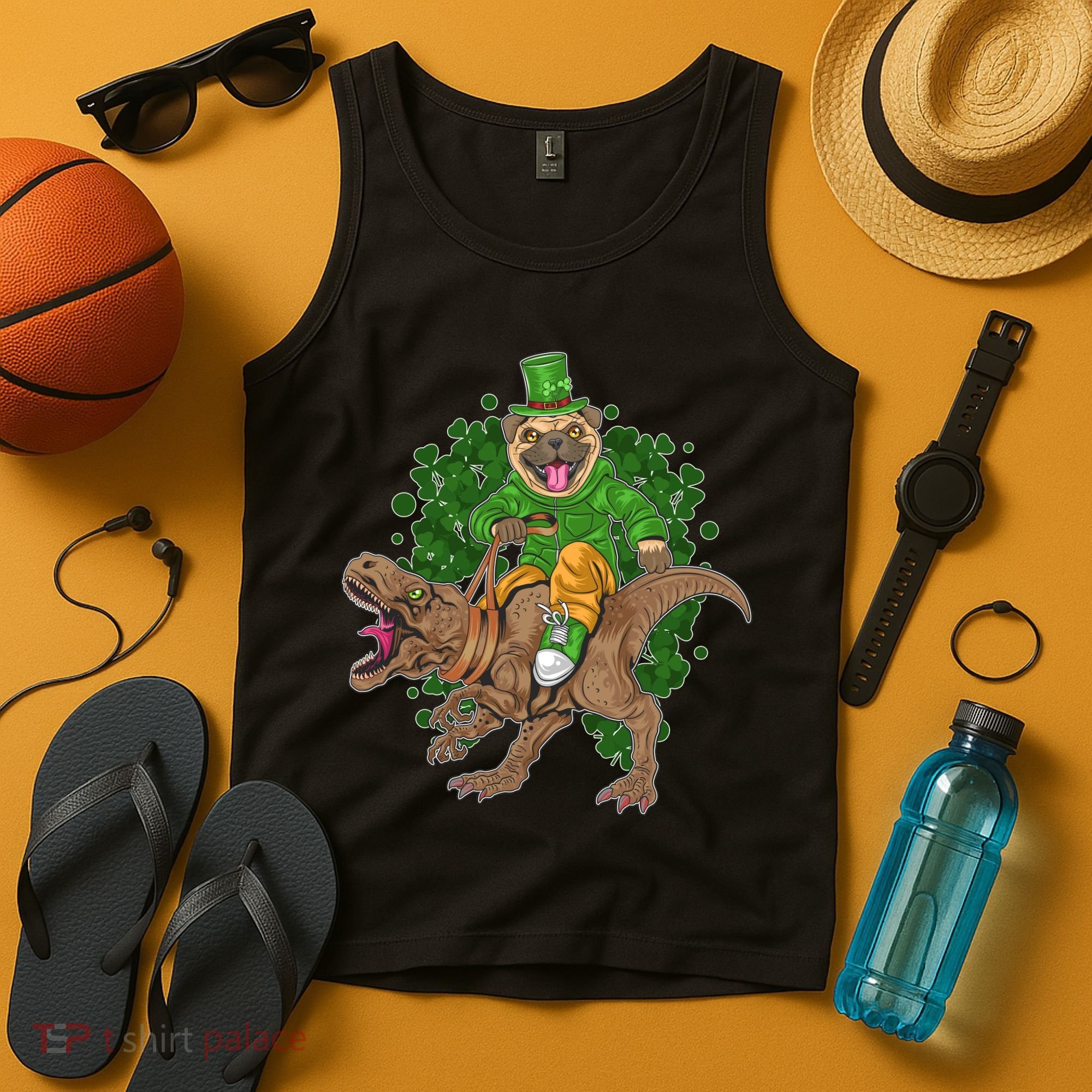 Funny St Patrick Pug On T-Rex Tank Top