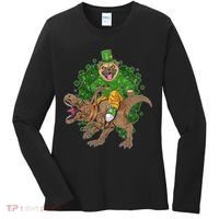 Funny St Patrick Pug On T-Rex Women's Long Sleeve Shirt thumb 0