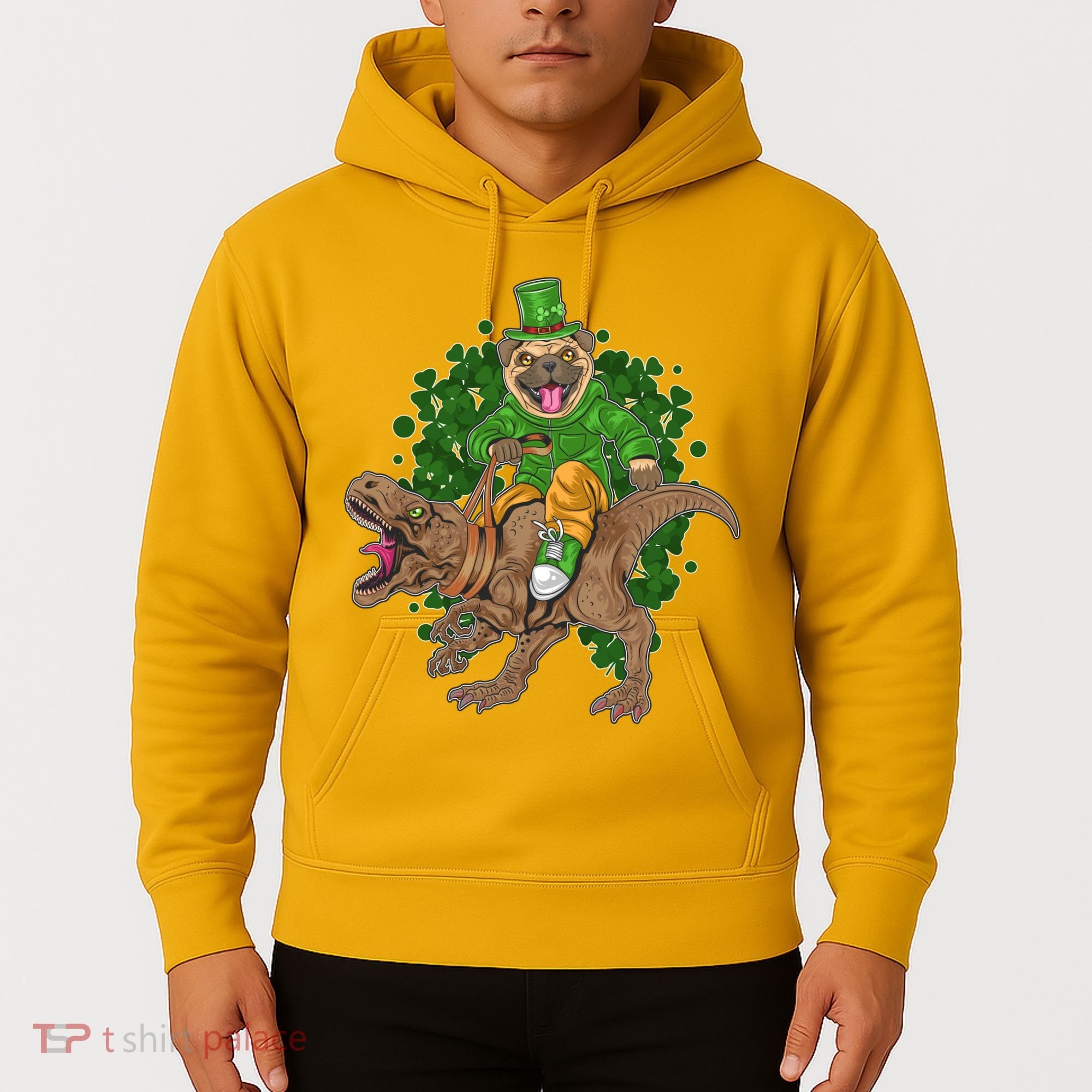 Funny St Patrick Pug On T-Rex Hoodie