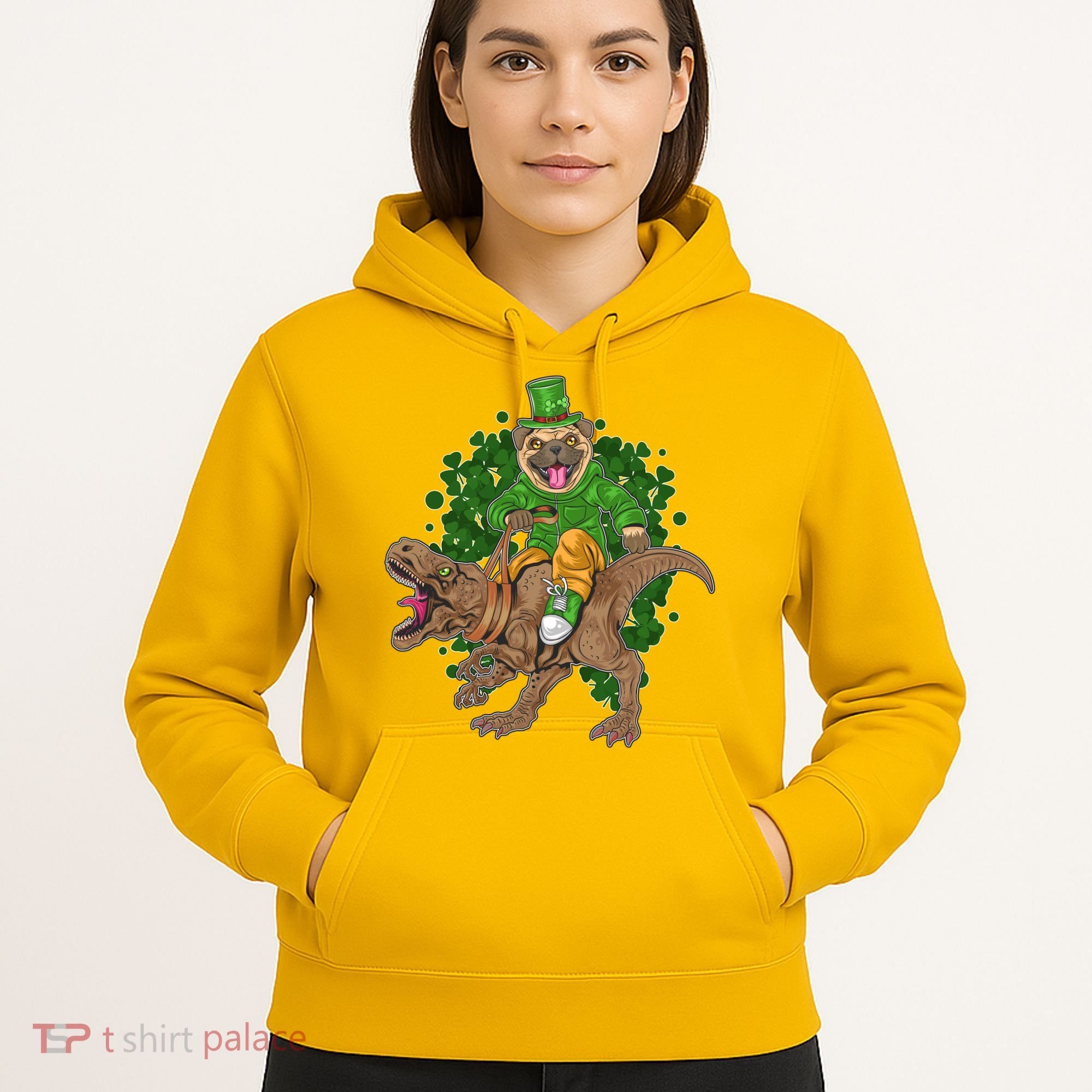 Funny St Patrick Pug On T-Rex Hoodie