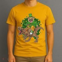 Funny St Patrick Pug On T-Rex T-Shirt thumb 3