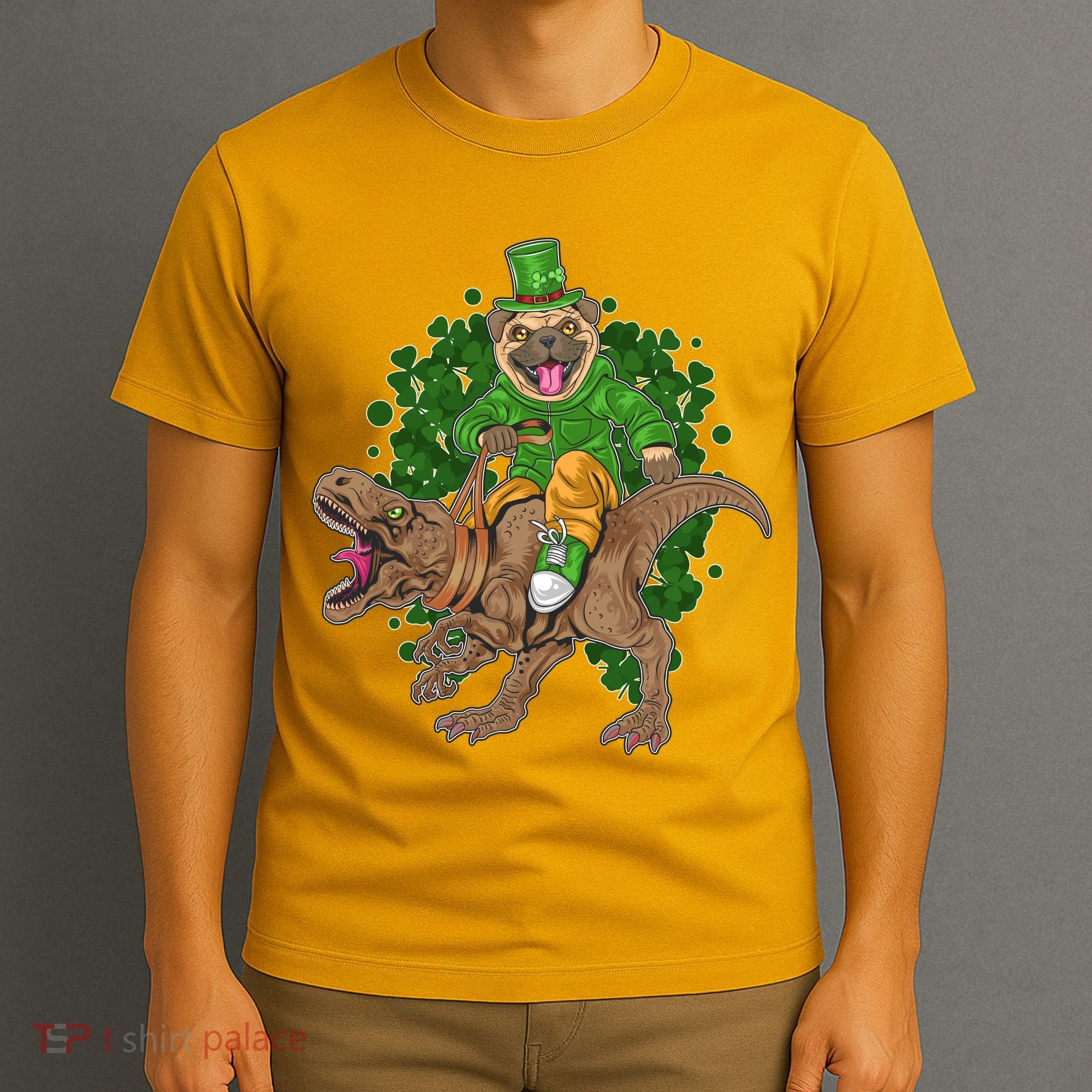 Funny St Patrick Pug On T-Rex T-Shirt