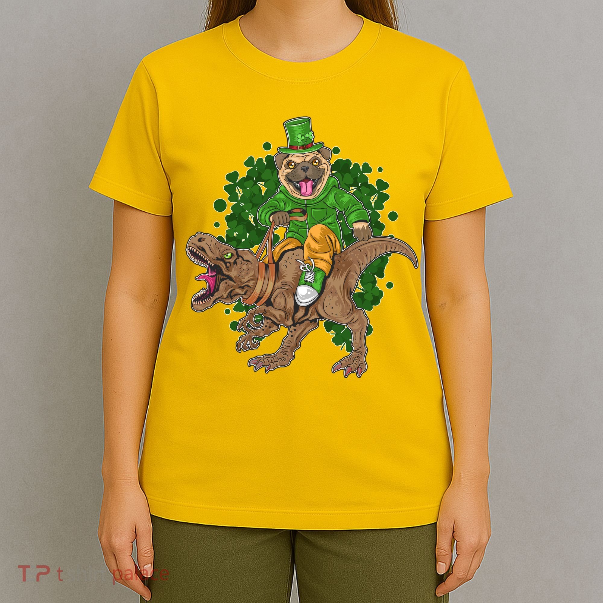 Funny St Patrick Pug On T-Rex T-Shirt