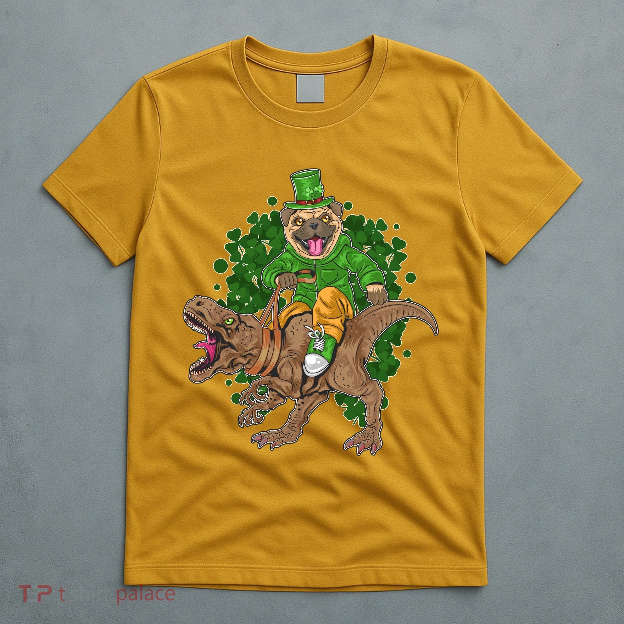 Funny St Patrick Pug On T-Rex T-Shirt
