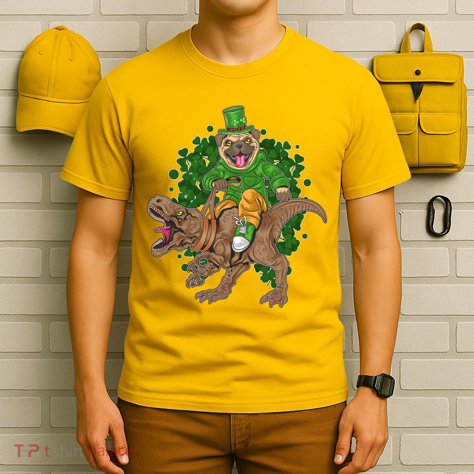 Funny St Patrick Pug On T-Rex T-Shirt