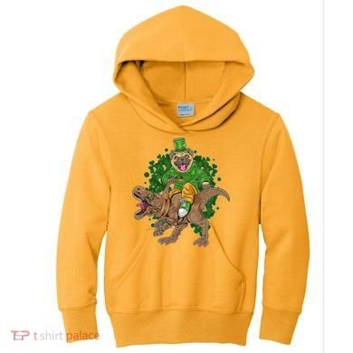 Funny St Patrick Pug On T-Rex Kids Hoodie
