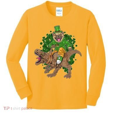 Funny St Patrick Pug On T-Rex Kids Long Sleeve Shirt