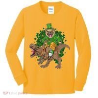Funny St Patrick Pug On T-Rex Kids Long Sleeve Shirt thumb 0