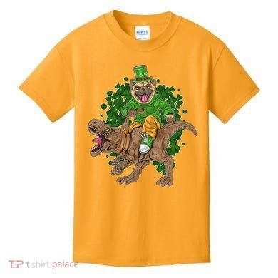 Funny St Patrick Pug On T-Rex Kids T-Shirt