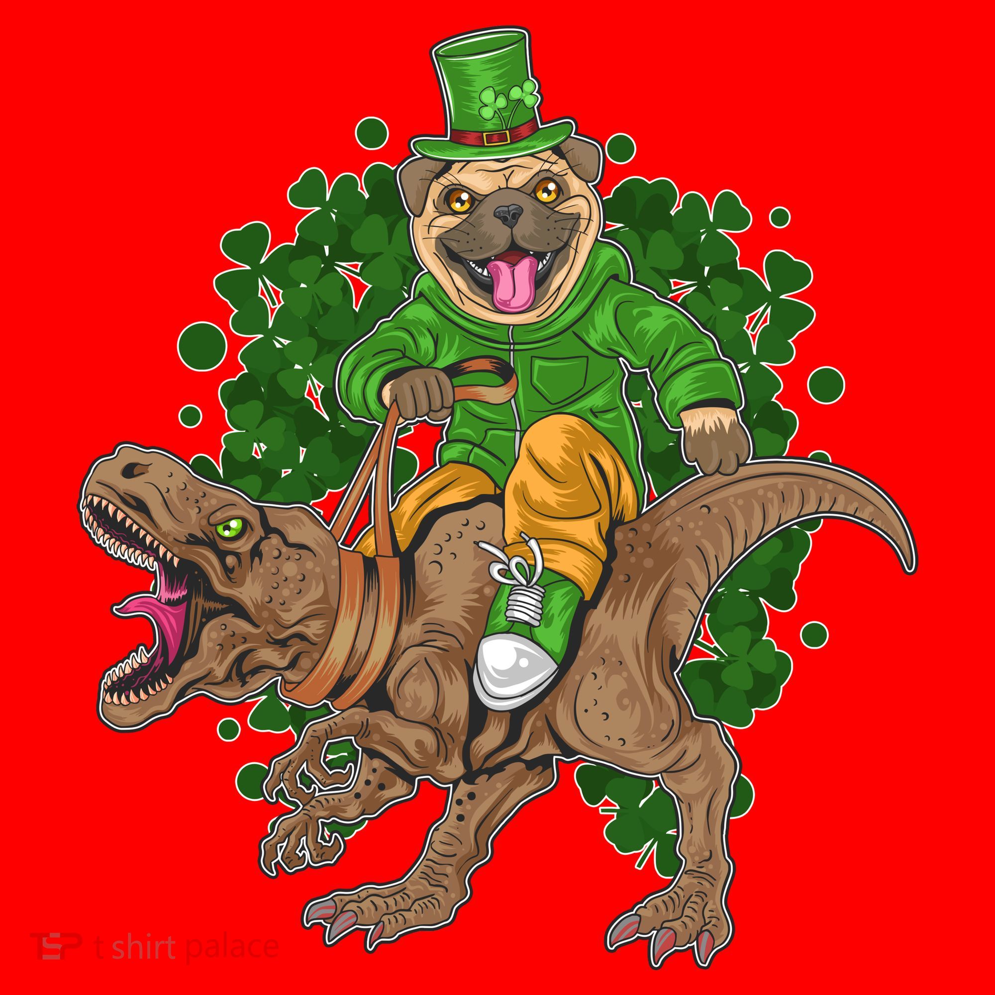 Funny St Patrick Pug On T-Rex Santa Hat