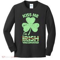 Funny St Patrick's Day Kiss Me I'm Irish Vaccinated Kids Long Sleeve Shirt thumb 0