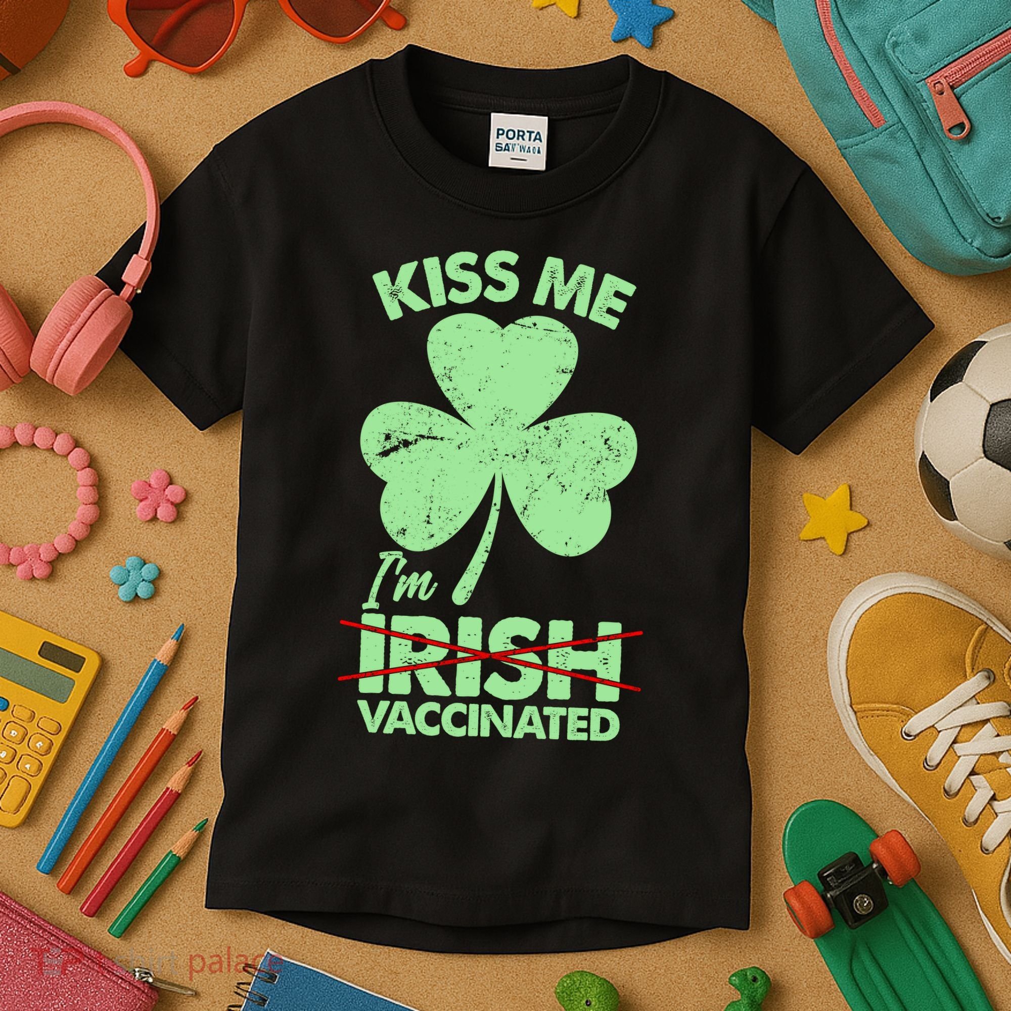 Funny St Patrick's Day Kiss Me I'm Irish Vaccinated Kids T-Shirt