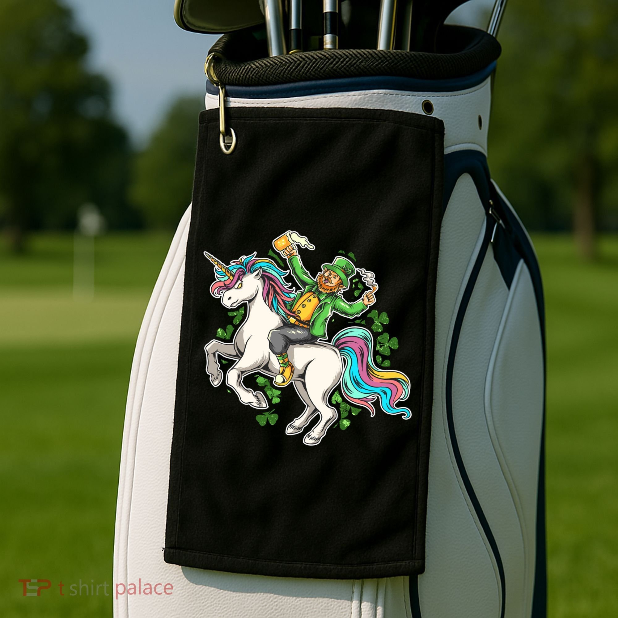Funny St Patrick's Day Leprechaun Riding Unicorn Golf Towel