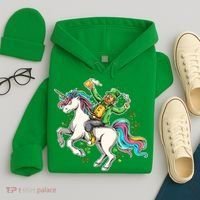 Funny St Patrick's Day Leprechaun Riding Unicorn Hoodie thumb 4